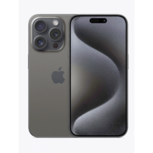 Apple iPhone 15 Pro Max in titanium finish showcasing its triple-camera system and sleek design.